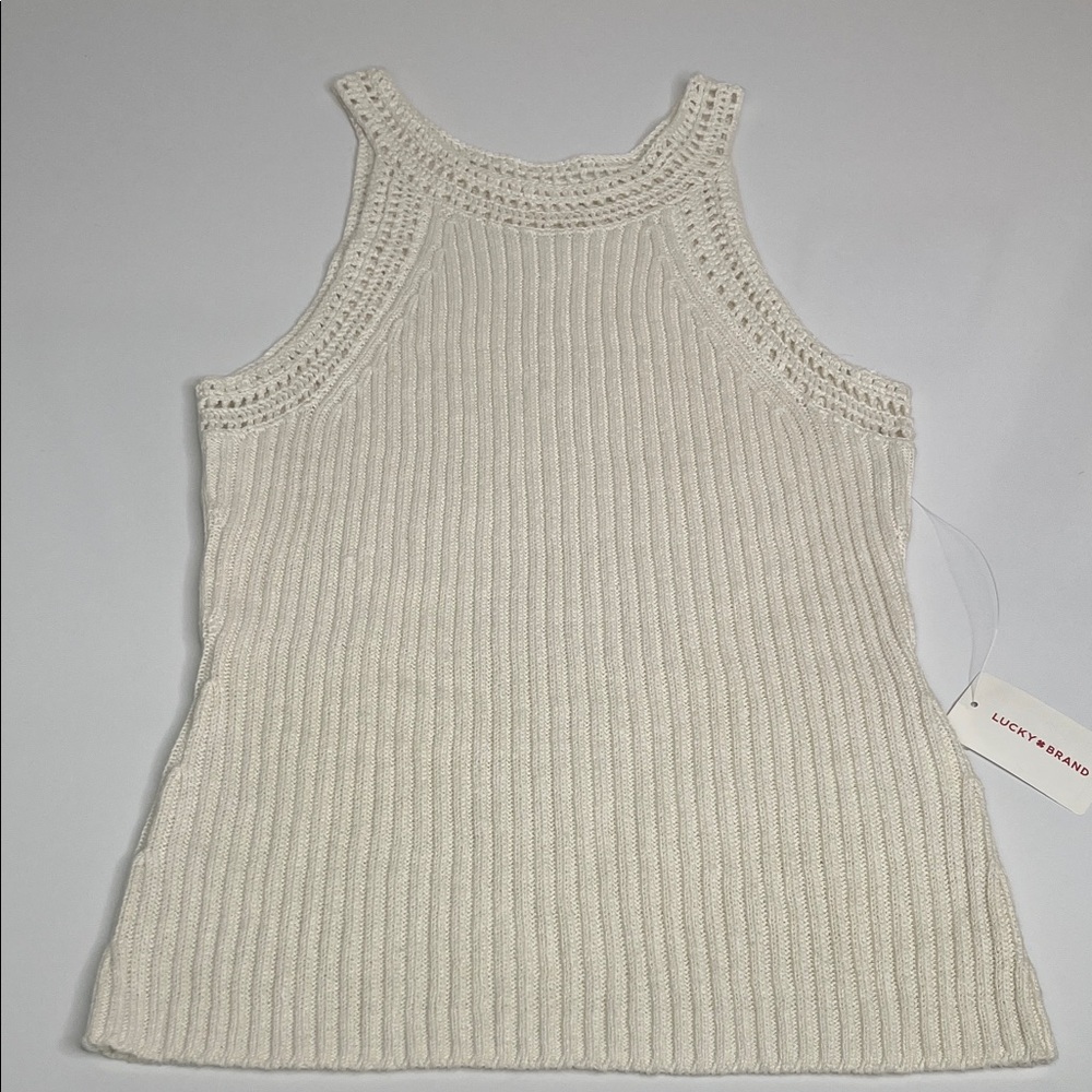 Lucky Brand Top Cotton Linen Ribbed Knit NWT Medium Cream